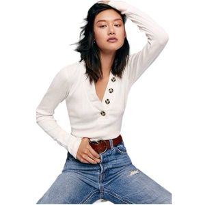 Free People Cream Ribbed Long Sleeve Henley with Asymmetrical Button Placket